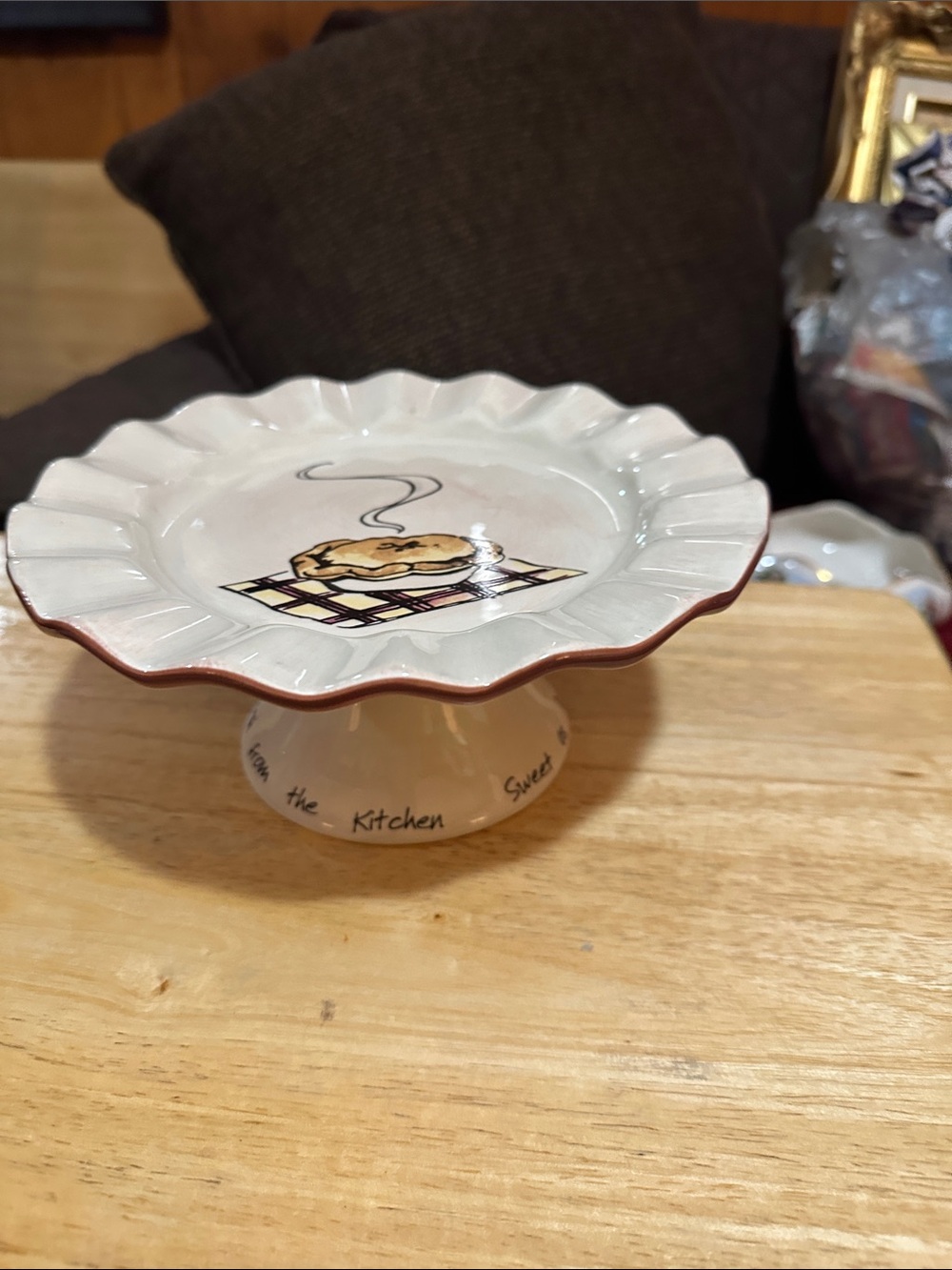 White Ceramic Scalloped Dessert Pedestal with Brown Trim
